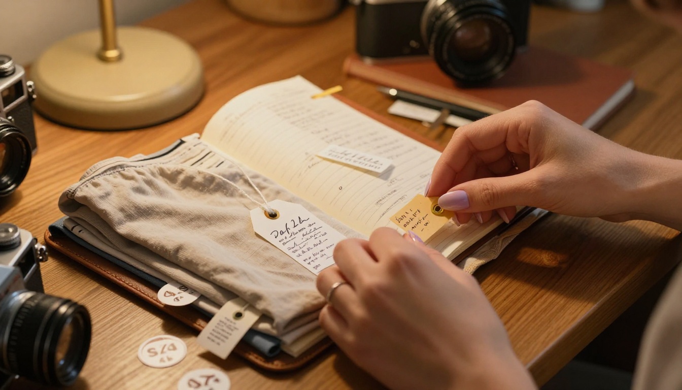 Hands arranging price tags on folded vintage garments