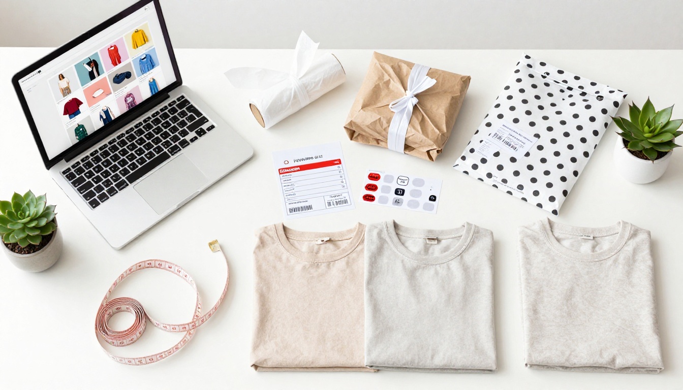 Seller packing and shipping workspace with laptop showing catalog