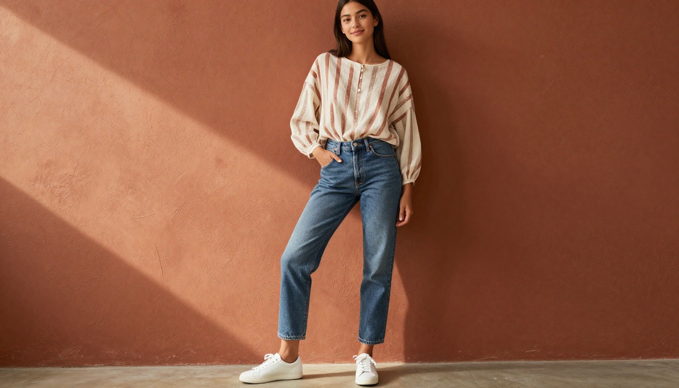 Stylish woman posing in thrift outfit against terracotta wall