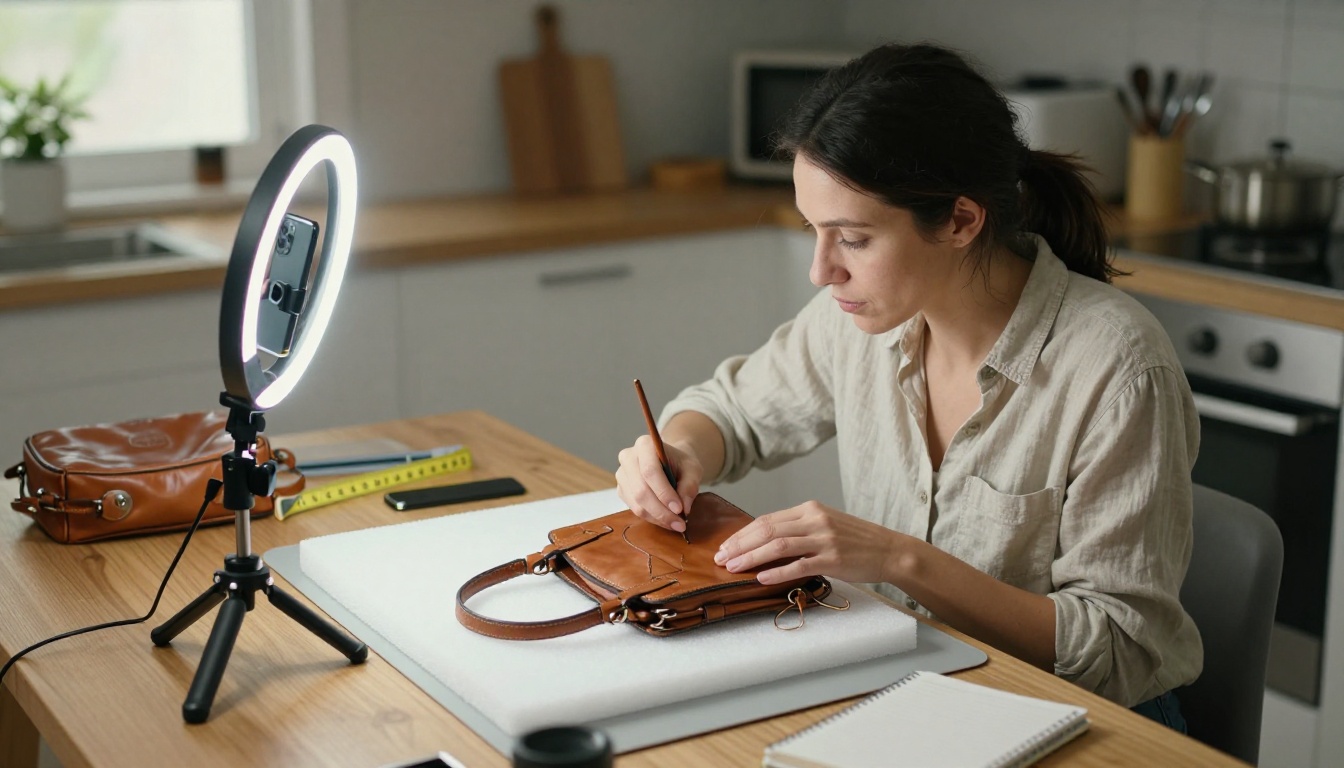 Woman carefully photographing vintage handbag for professional eBay catalog listing Woman carefully photographing vintage handbag for professional eBay catalog listing