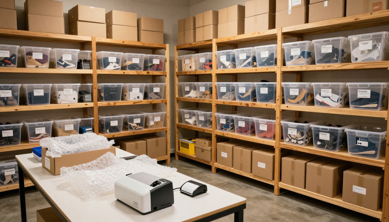 Organized eBay reseller storage room with labeled inventory bins ready for cataloging Organized eBay reseller storage room with labeled inventory bins ready for cataloging