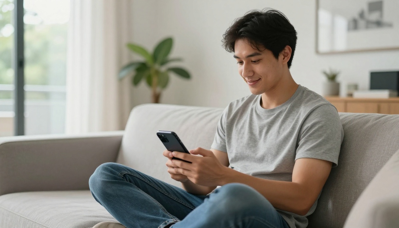 Young buyer happily browsing interactive eBay seller catalog on smartphone Young buyer happily browsing interactive eBay seller catalog on smartphone