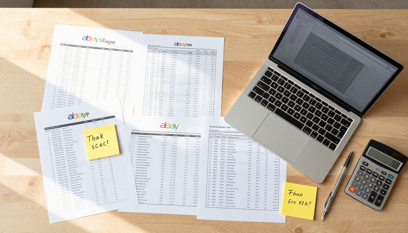 eBay seller reviewing sales analytics and catalog performance data on desk eBay seller reviewing sales analytics and catalog performance data on desk
