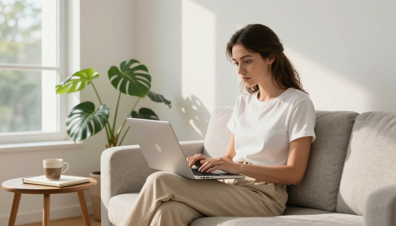 Woman entrepreneur sitting on linen sofa working on digital product catalog on MacBook with natural sunlight