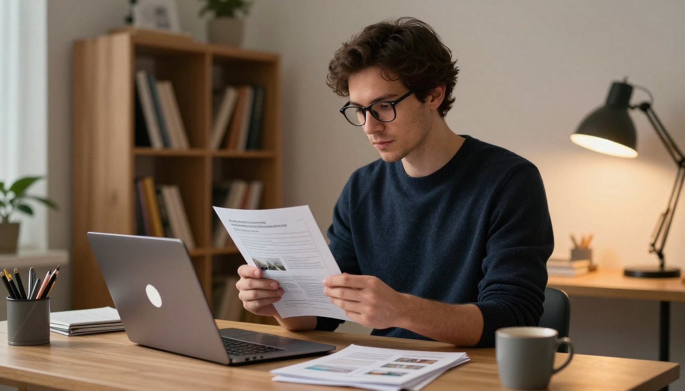 Man at standing desk uploading printed PDF product catalog to laptop for digital flipbook conversion