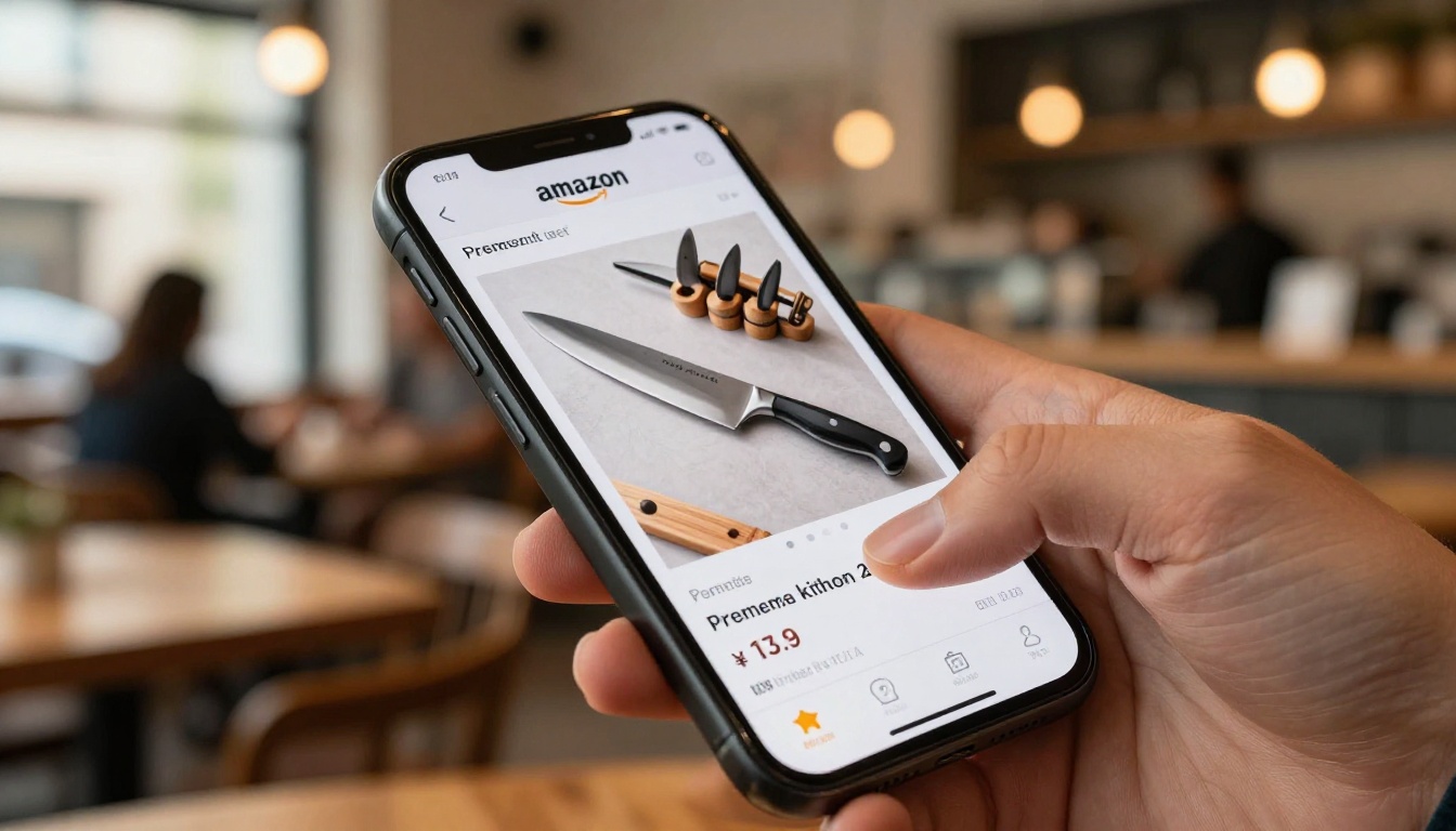 Woman's hand holding iPhone showing interactive flipbook page with Amazon product listing in a warm cafe setting