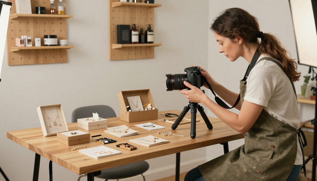 Small business owner photographing handmade products on a photo table in a home studio with warm softbox lighting