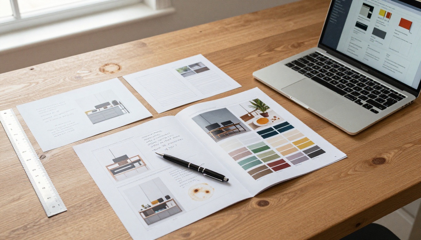 Aerial overhead view of catalog design in progress with printed pages, color swatches, handwritten notes, and a laptop showing flipbook preview