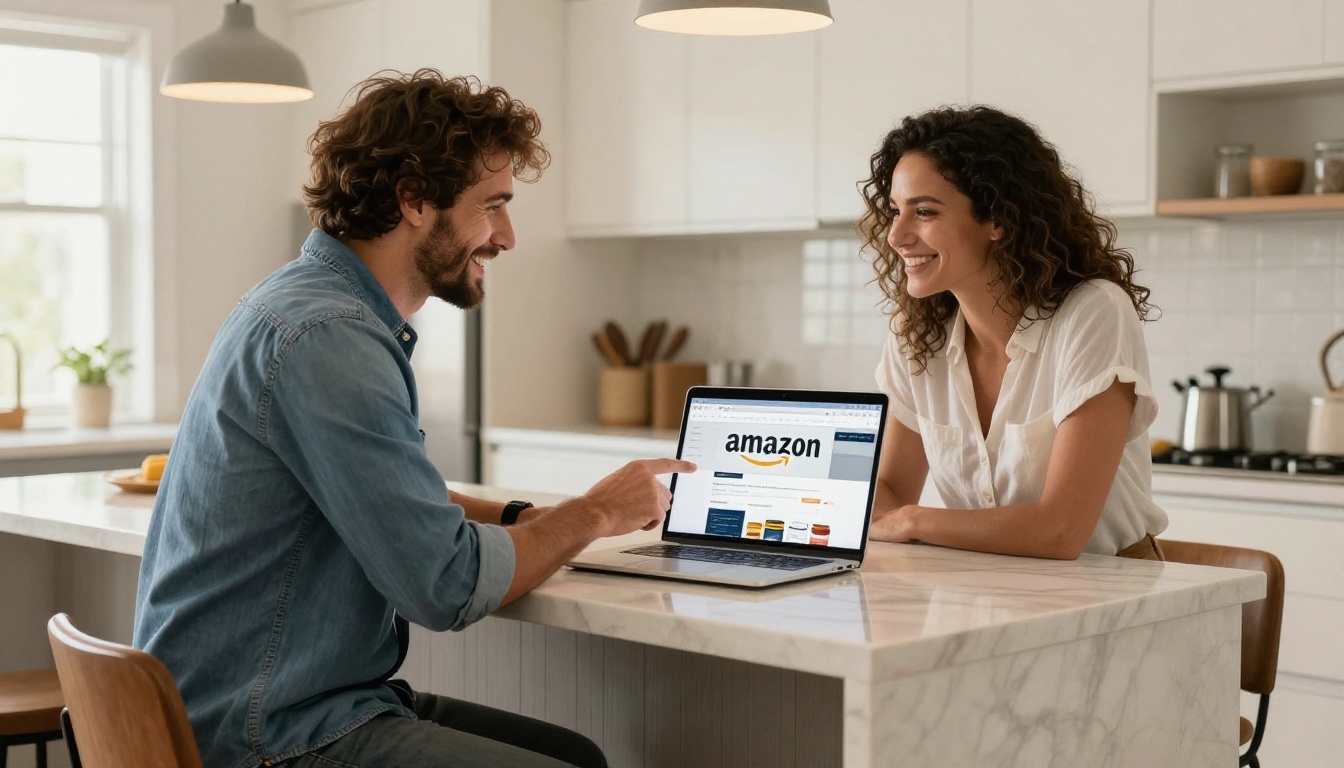 Satisfied Amazon seller couple reviewing their flipbook catalog on a laptop at a modern kitchen island with warm morning light
