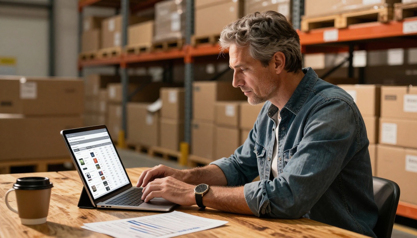 Wholesale buyer reviewing digital catalog at warehouse desk Wholesale buyer reviewing digital catalog at warehouse desk