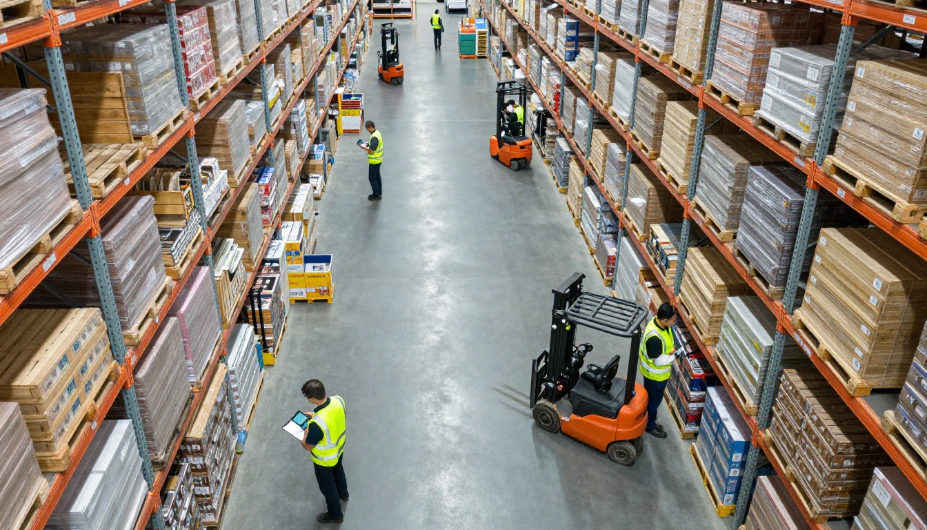 Aerial view of busy wholesale warehouse operations Aerial view of busy wholesale warehouse operations