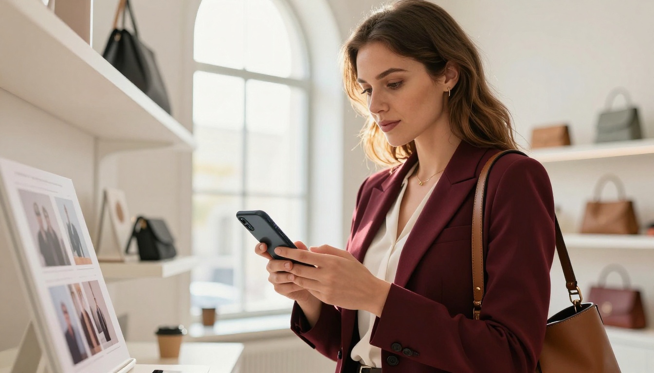 Professional woman browsing catalog on smartphone in showroom Professional woman browsing catalog on smartphone in showroom