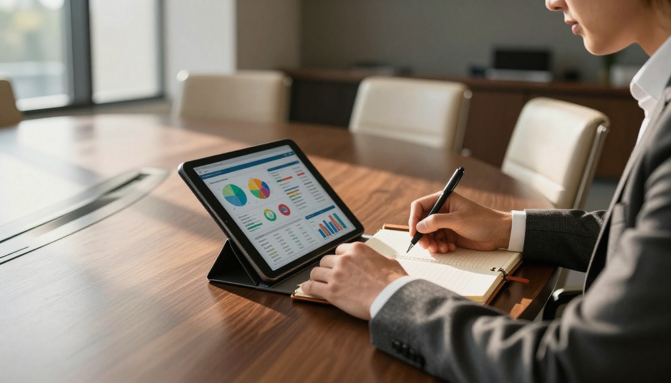Two professionals reviewing catalog analytics in boardroom
