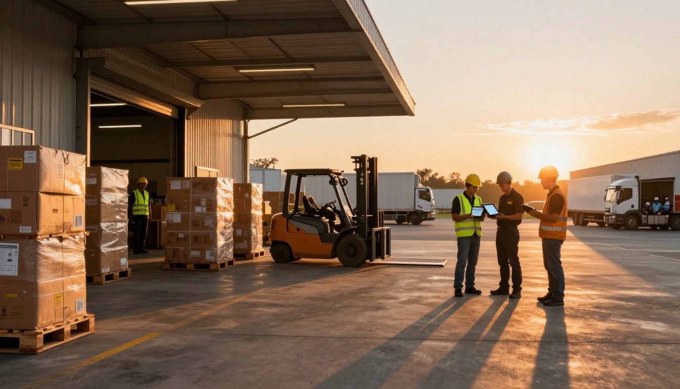 Loading dock workers consulting digital catalogs at golden hour
