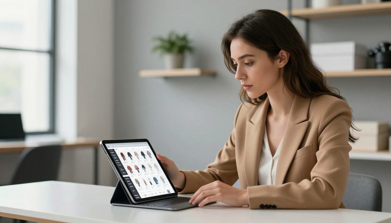Retail buyer reviewing a digital product catalog on a tablet at her desk Retail buyer reviewing a digital product catalog on a tablet at her desk