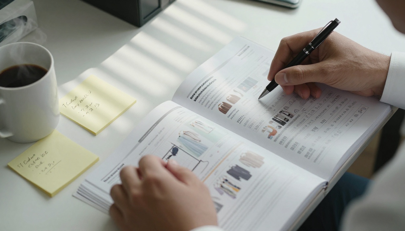 Purchasing manager reviewing a printed catalog at a wholesale buying desk