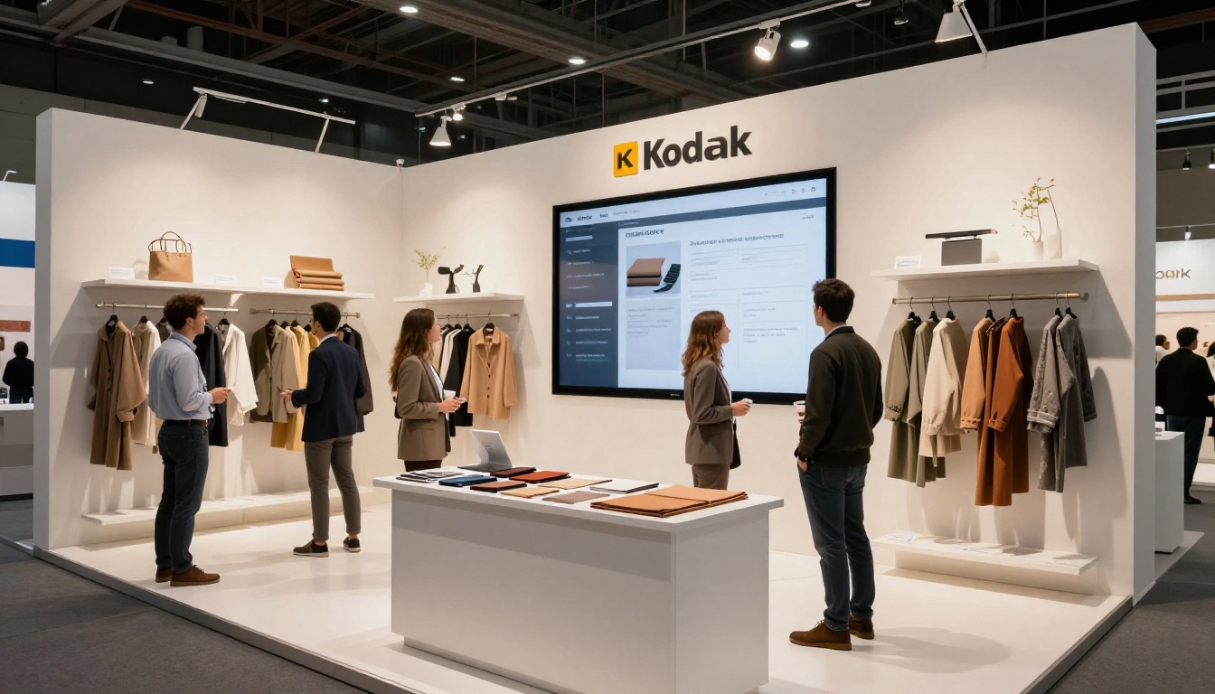 Brand representative presenting a digital linesheet on a large screen at a trade show booth Brand representative presenting a digital linesheet on a large screen at a trade show booth