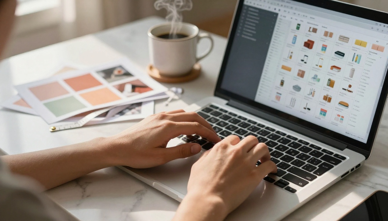 Hands typing on a laptop building a digital product catalog, with fabric swatches and product photos on a marble desk Hands typing on a laptop building a digital product catalog, with fabric swatches and product photos on a marble desk