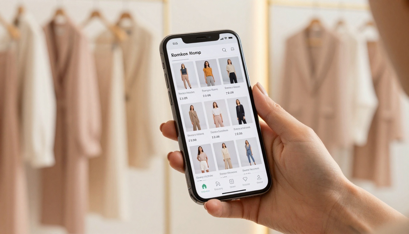 Smartphone displaying a flipbook catalog with product grid and pricing, held in hand with fashion showroom in background Smartphone displaying a flipbook catalog with product grid and pricing, held in hand with fashion showroom in background