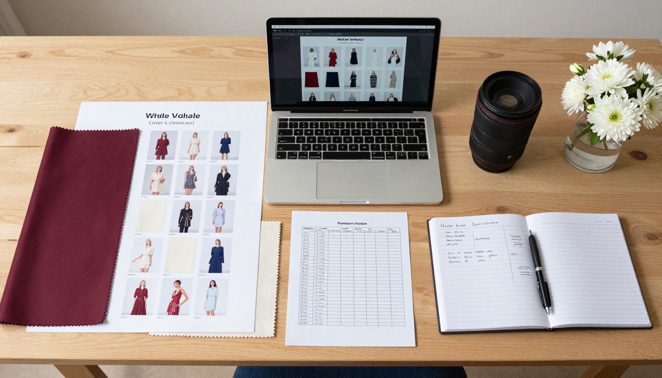Overhead flat-lay of wholesale order process with printed linesheet, laptop, fabric swatches, and notepad on a wood table