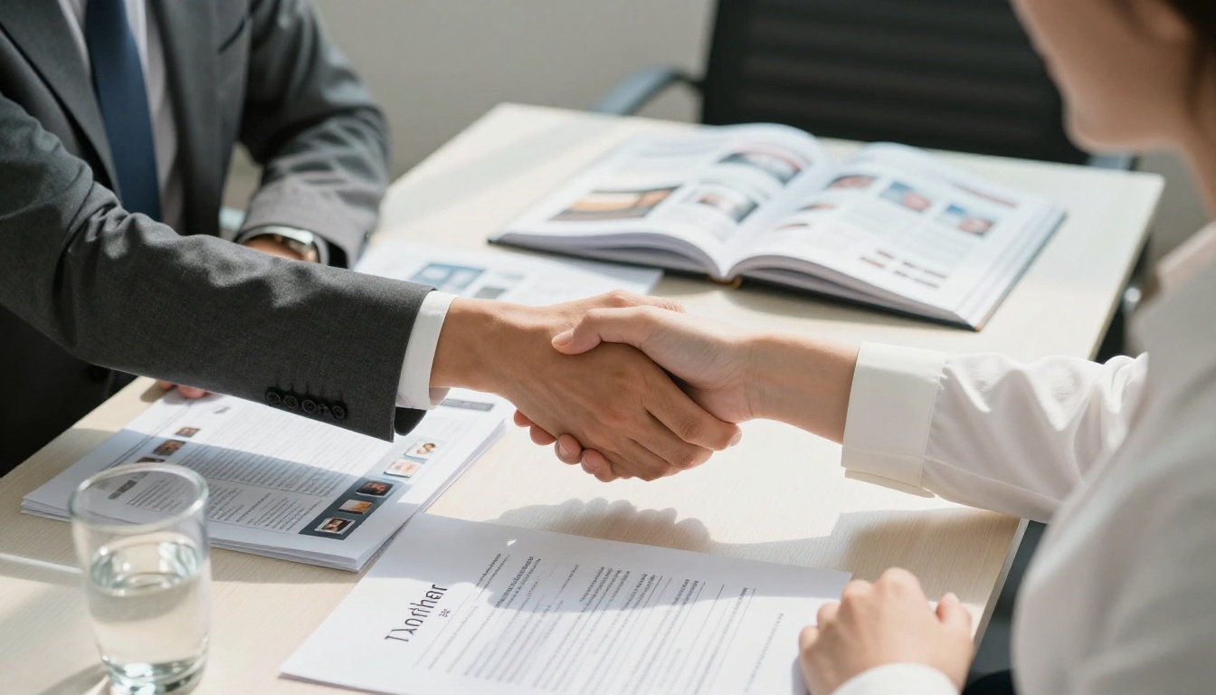 Two business professionals closing a wholesale deal with signed order forms on the table