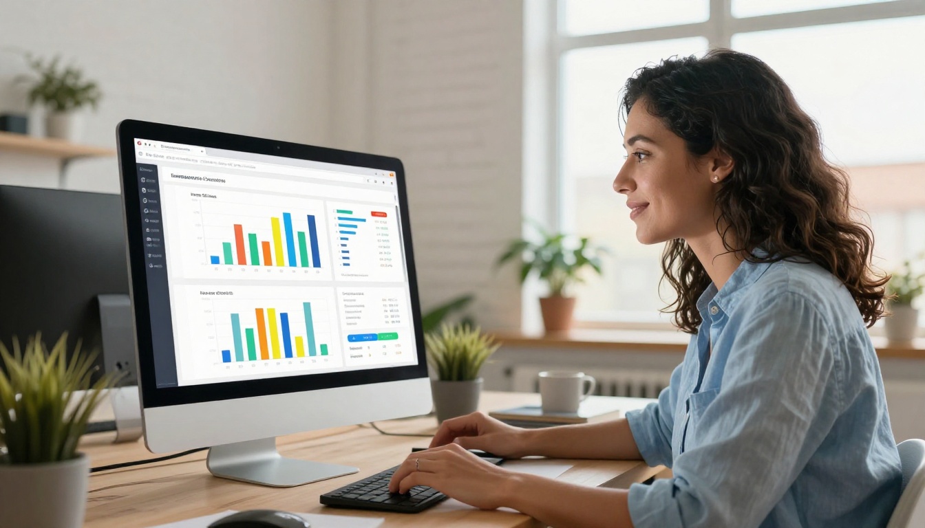 Brand founder reviewing digital catalog analytics on a desktop computer in a bright creative studio