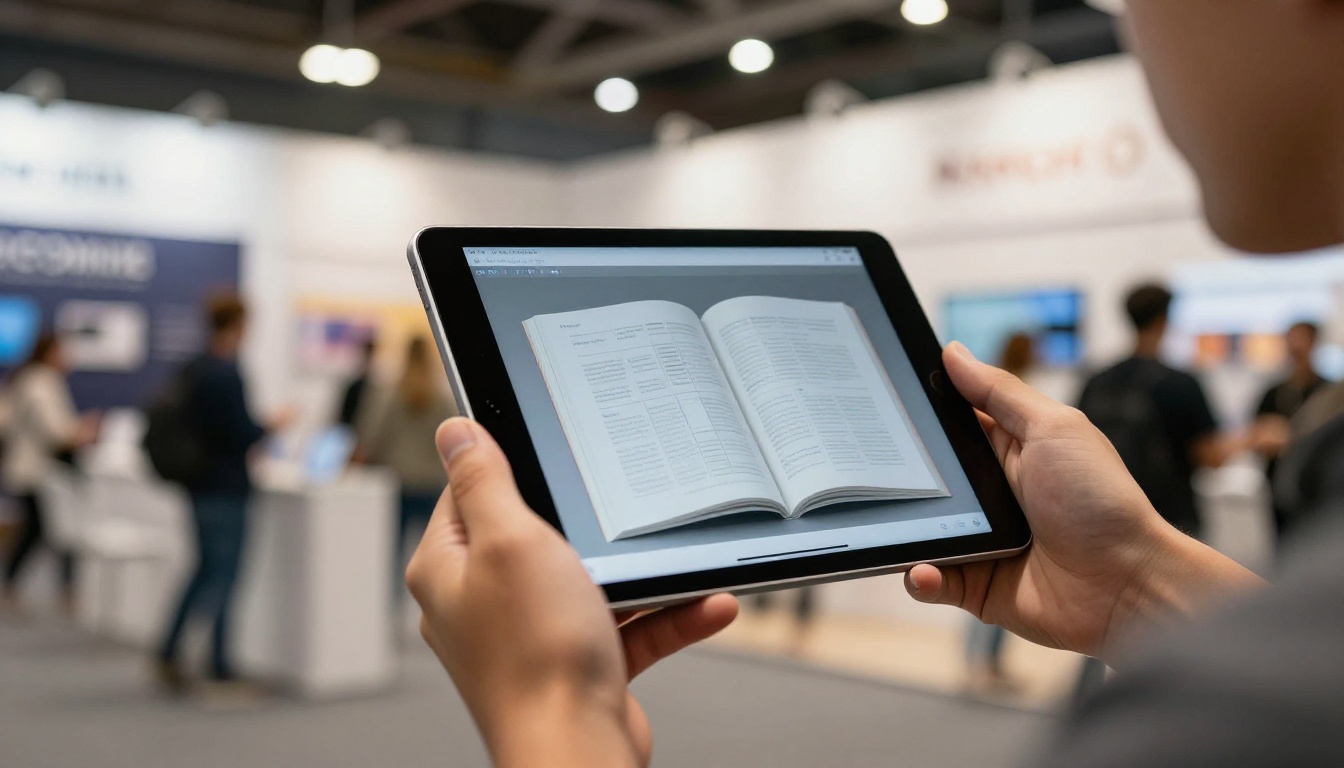 Buyer holding a tablet displaying a digital product flipbook at a trade show Buyer holding a tablet displaying a digital product flipbook at a trade show