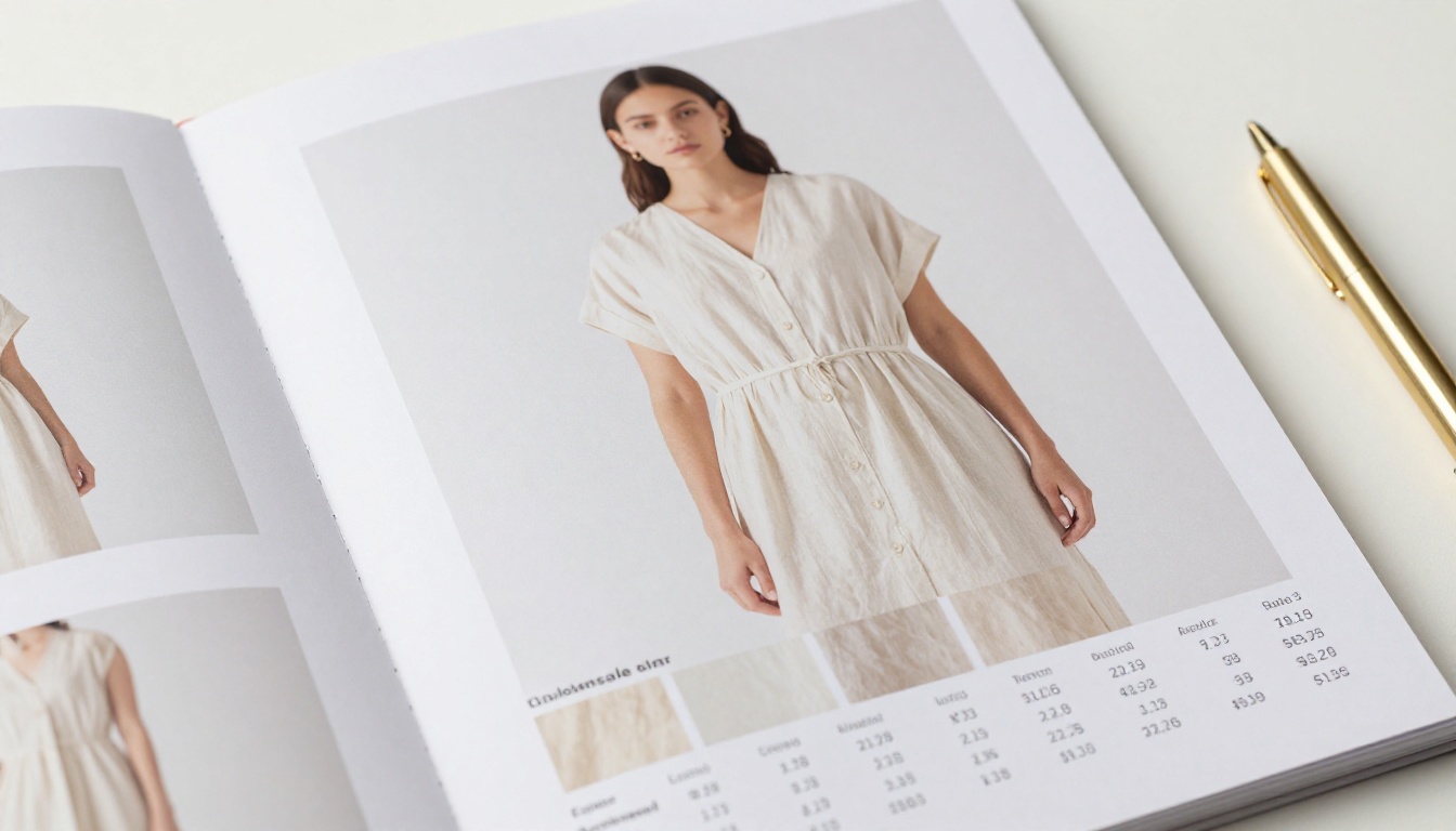 Close-up of a beautifully printed fashion product page from a wholesale linesheet on a white surface with a gold pen