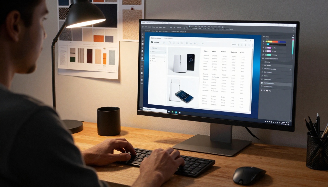 Designer building a product catalog layout on dual monitors in a studio Designer building a product catalog layout on dual monitors in a studio