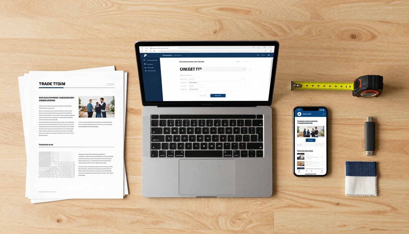 Flat-lay of the complete flipbook creation workflow with PDF draft, laptop upload interface, and mobile preview