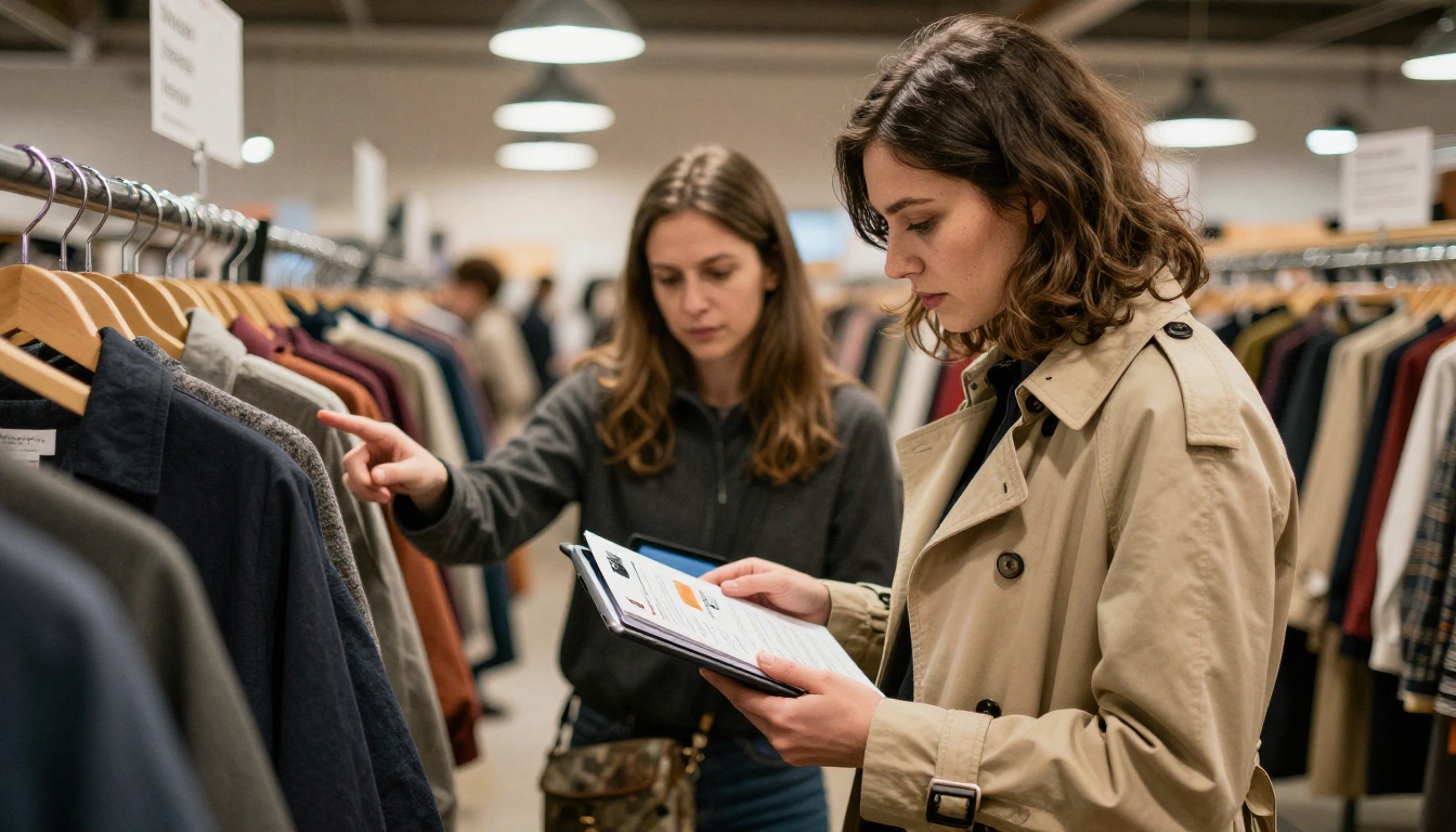 Retail buyer studying product pages on an iPad in a fashion wholesale showroom Retail buyer studying product pages on an iPad in a fashion wholesale showroom