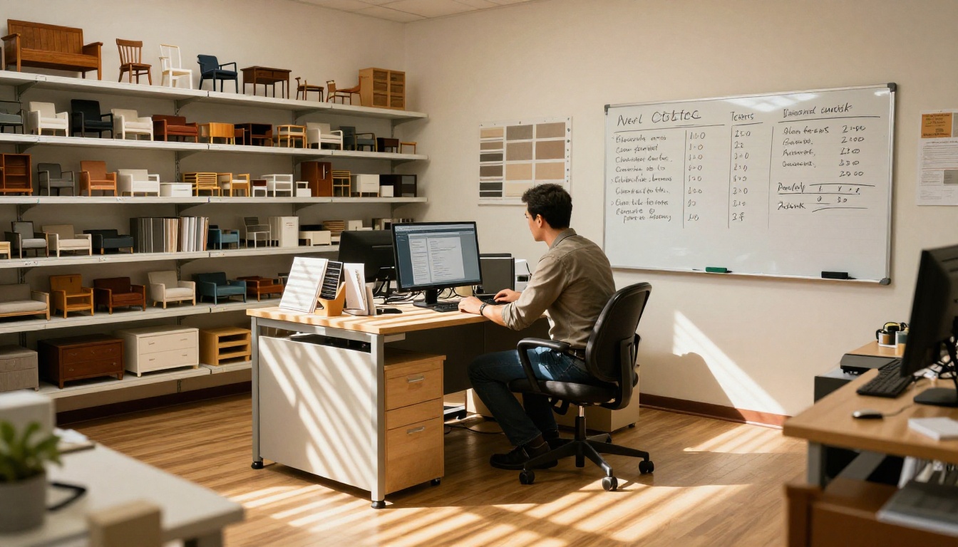 Furniture wholesale distributor reviewing digital product sheets in his office Furniture wholesale distributor reviewing digital product sheets in his office