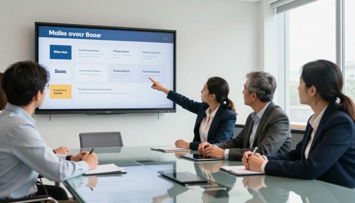 B2B sales team presenting a digital flipbook catalog on a large conference room screen B2B sales team presenting a digital flipbook catalog on a large conference room screen