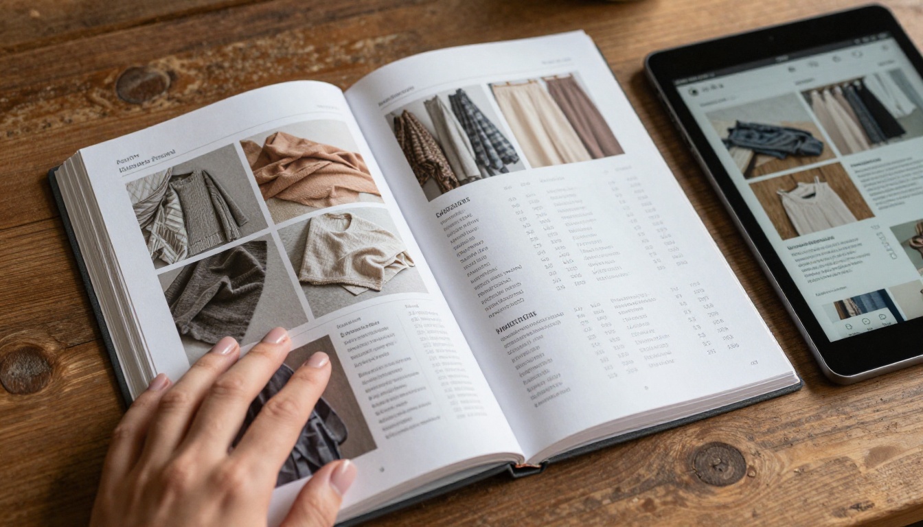 A wholesale product catalog open on a desk beside an iPad showing the same catalog digitally A wholesale product catalog open on a desk beside an iPad showing the same catalog digitally