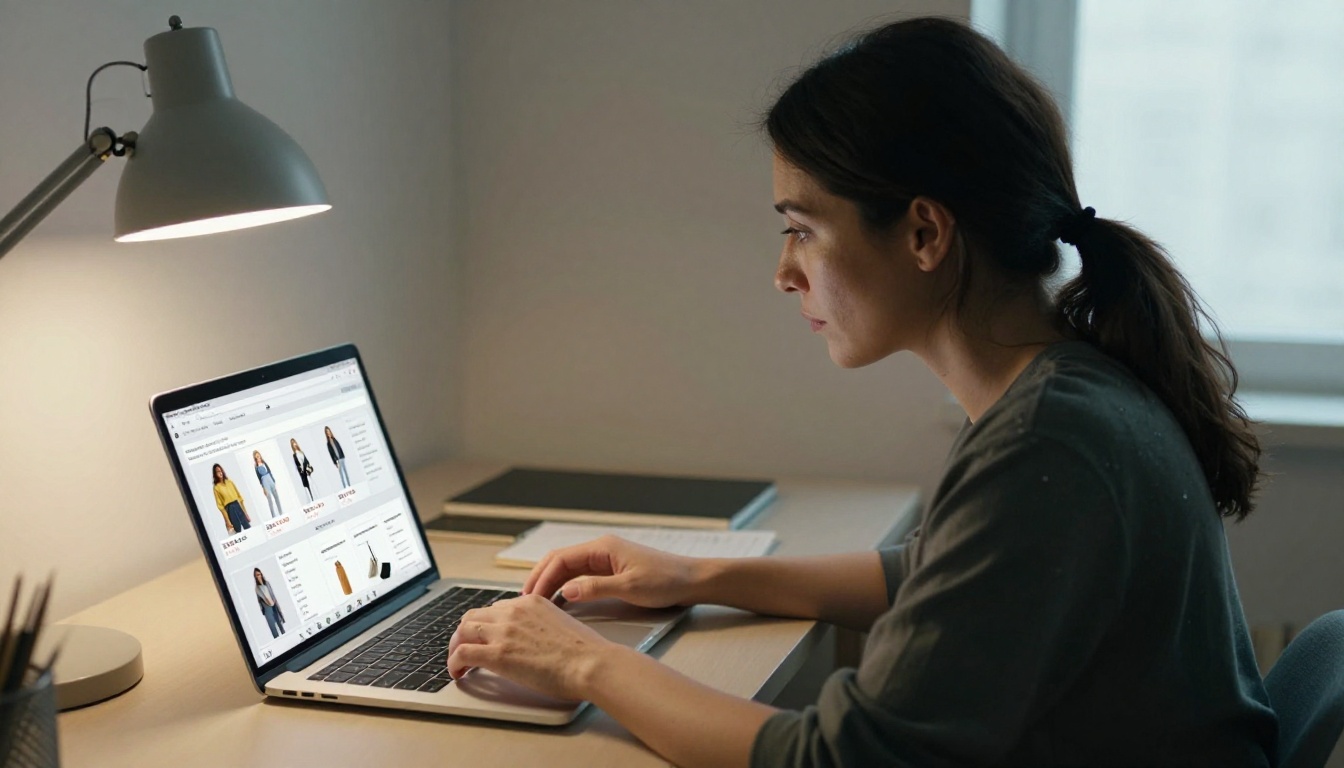 A retail buyer focused on a digital wholesale catalog on a laptop A retail buyer focused on a digital wholesale catalog on a laptop
