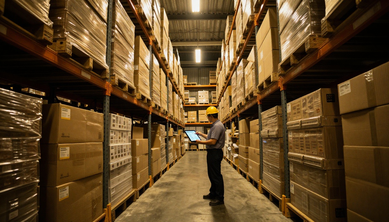 A warehouse manager in a hard hat reviewing a digital flipbook catalog on a tablet A warehouse manager in a hard hat reviewing a digital flipbook catalog on a tablet