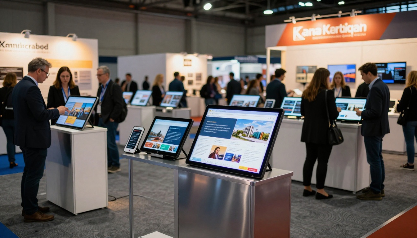 An international trade show floor with a wholesale brand booth displaying digital flipbook catalogs on screens An international trade show floor with a wholesale brand booth displaying digital flipbook catalogs on screens
