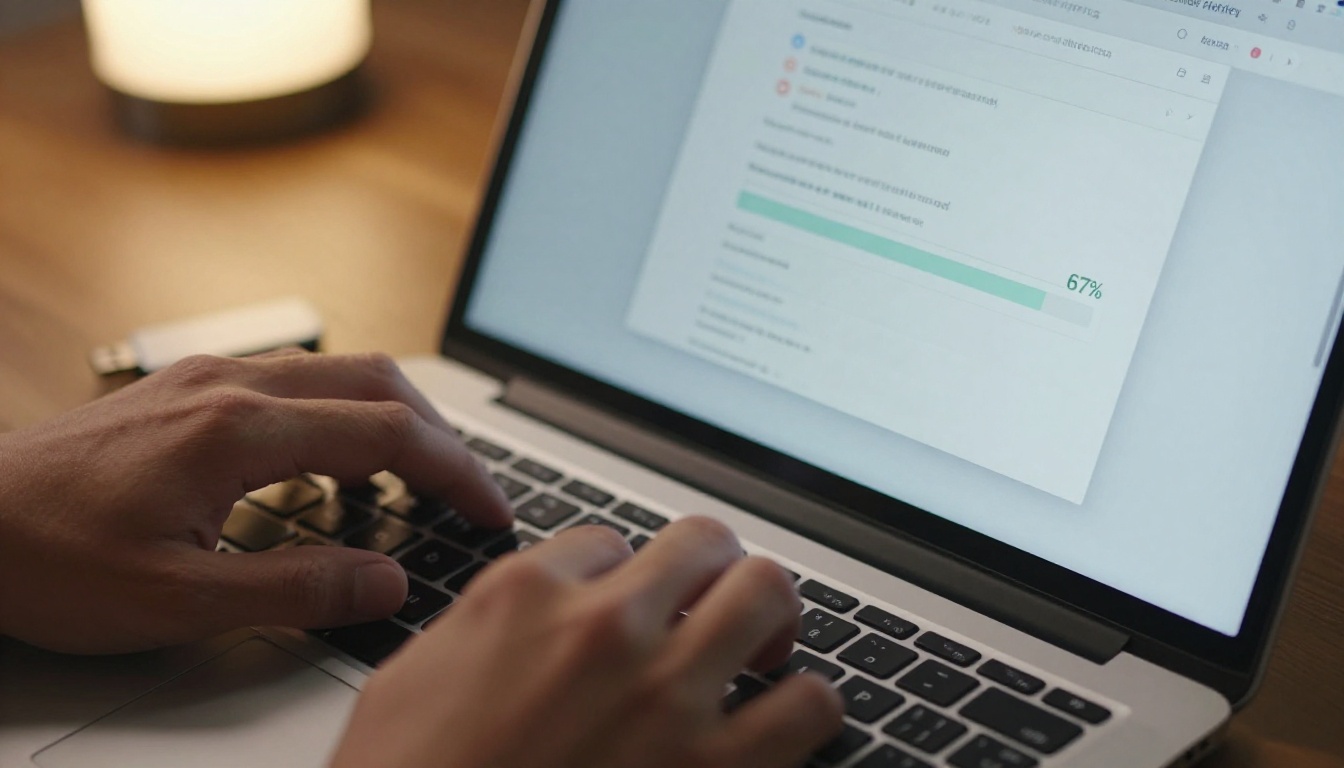 Hands uploading a PDF document on a laptop with a progress bar on screen Hands uploading a PDF document on a laptop with a progress bar on screen