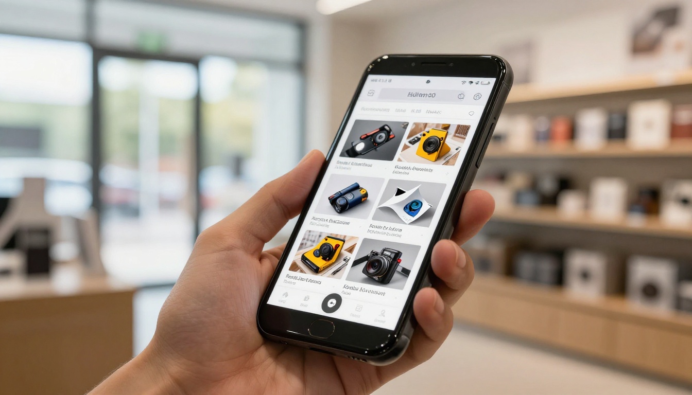 A hand holding a smartphone showing a mobile-optimized digital flipbook catalog with a page mid-turn A hand holding a smartphone showing a mobile-optimized digital flipbook catalog with a page mid-turn