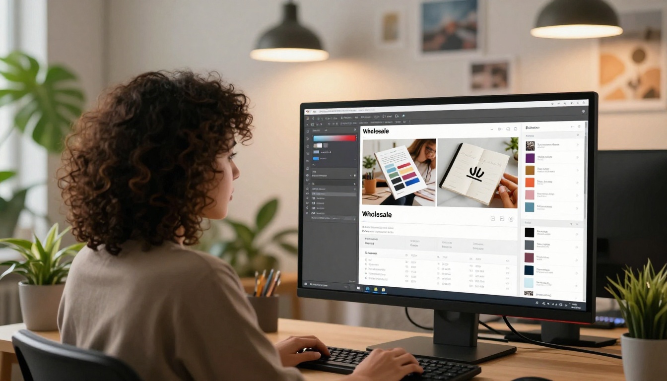 A graphic designer customizing a flipbook catalog with color and branding options on a large monitor A graphic designer customizing a flipbook catalog with color and branding options on a large monitor