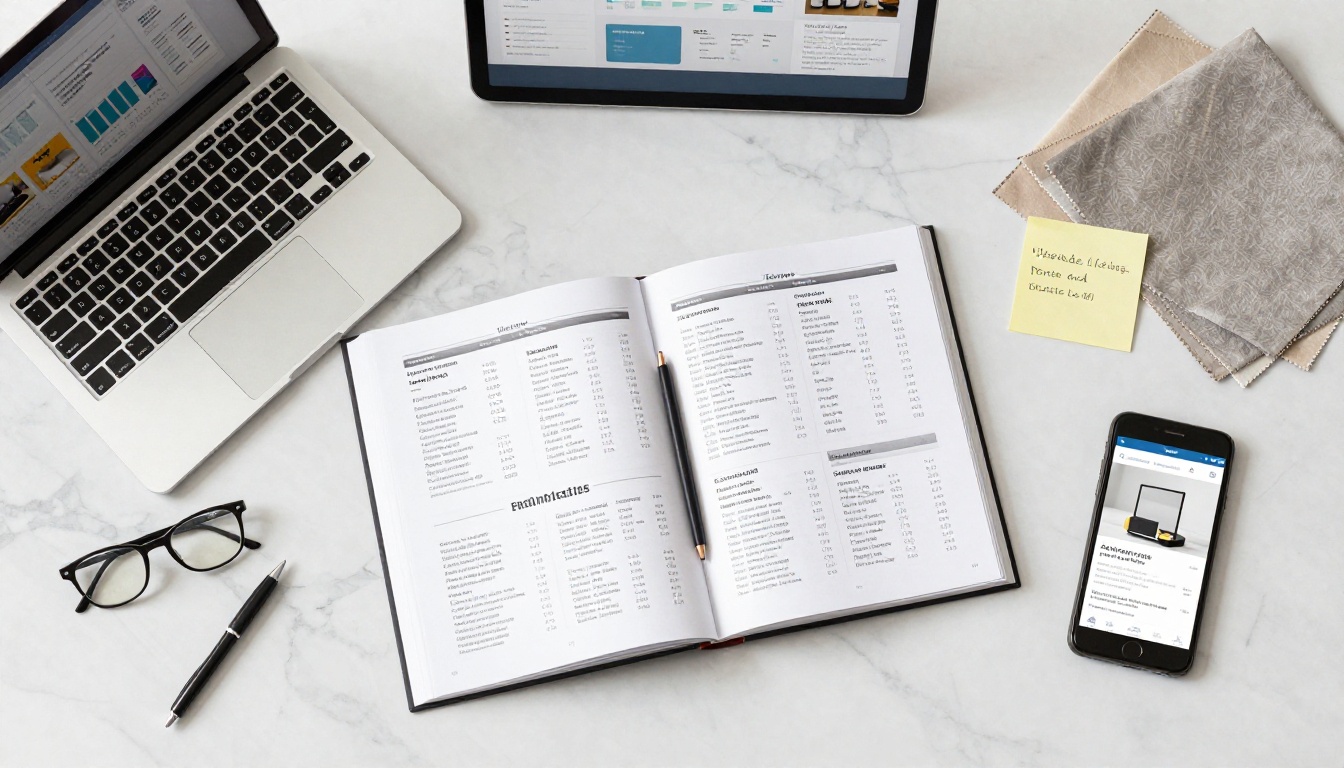 Aerial flat lay of a wholesale workspace with a catalog, tablet, laptop showing analytics, and product samples Aerial flat lay of a wholesale workspace with a catalog, tablet, laptop showing analytics, and product samples