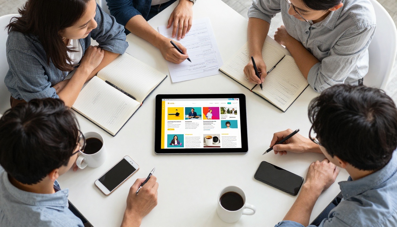 Aerial view of a business team collaborating around a tablet showing a colorful flipbook catalog
