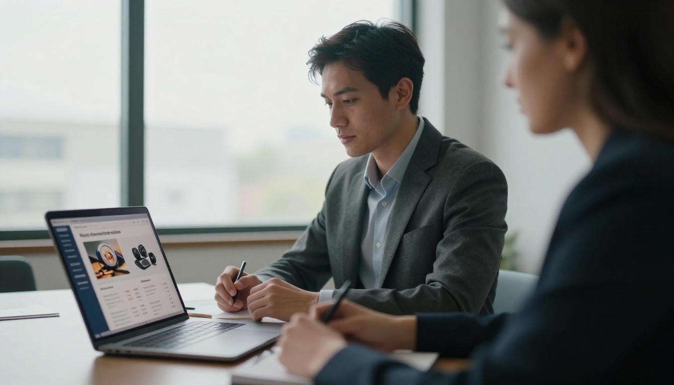 Salesperson presenting a digital flipbook brochure to a client in a one-on-one meeting