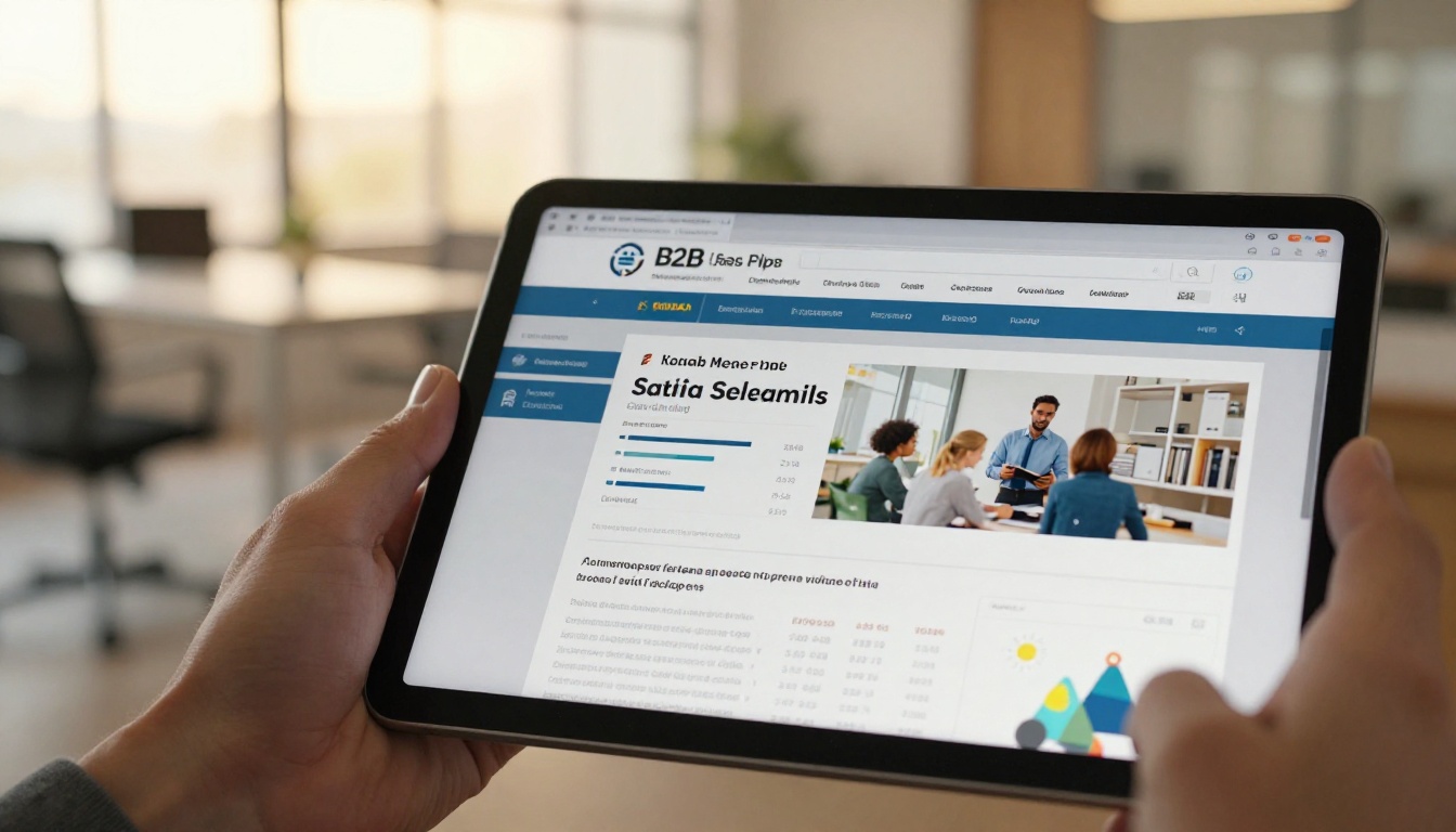 Hands holding a tablet with a B2B sales flipbook open mid-page-turn in a bright office