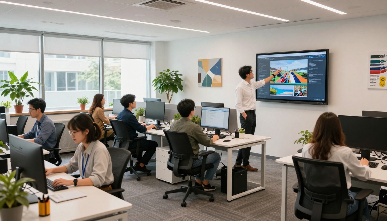 Sales team in a bright modern open-plan office sharing a flipbook presentation on a wall monitor
