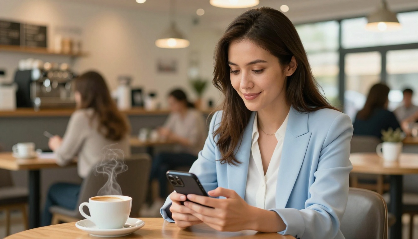 Businesswoman sharing a sales flipbook on her phone while working from a coffee shop