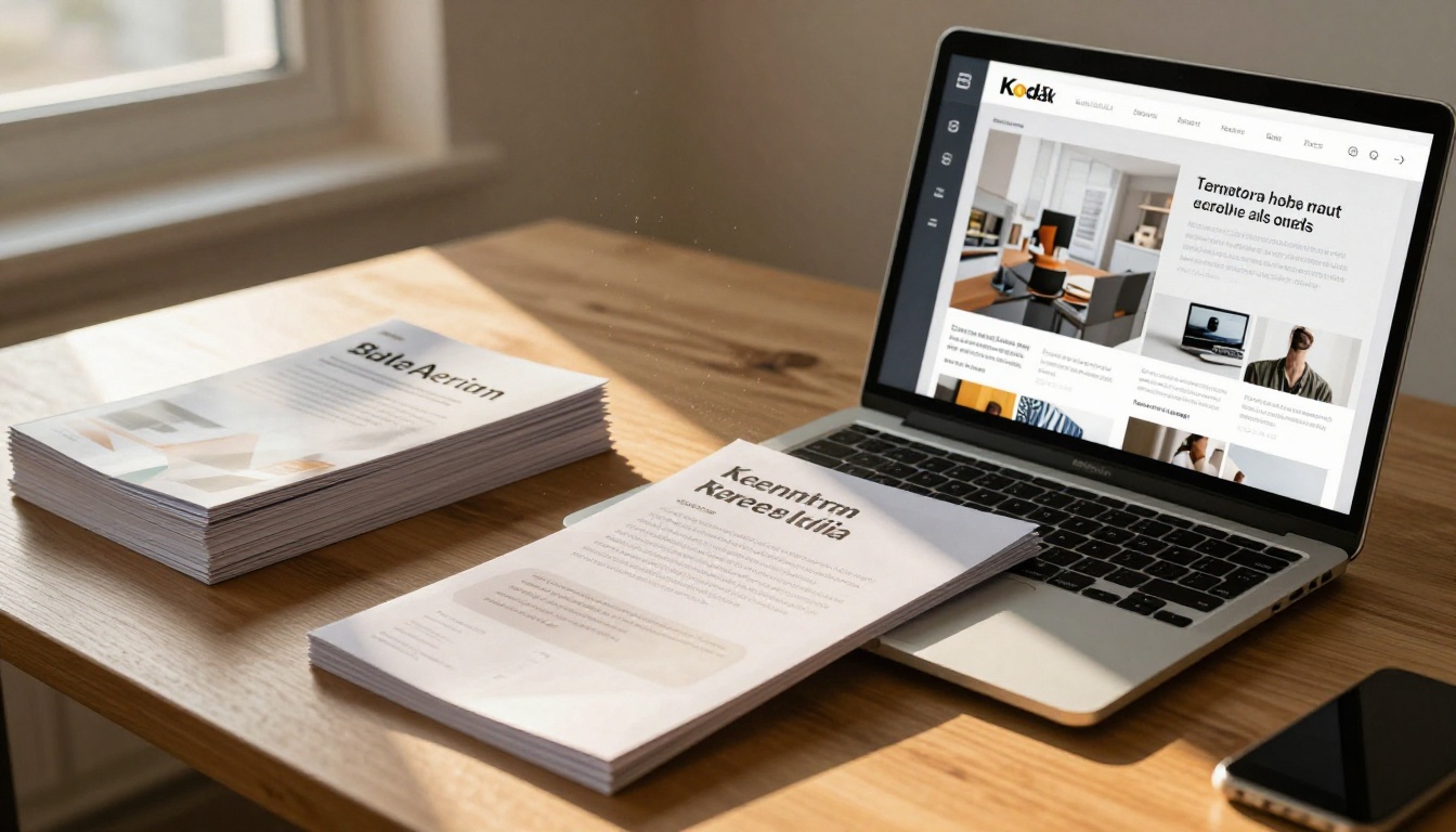 Printed sales brochures stacked next to a laptop showing a digital flipbook, old vs new