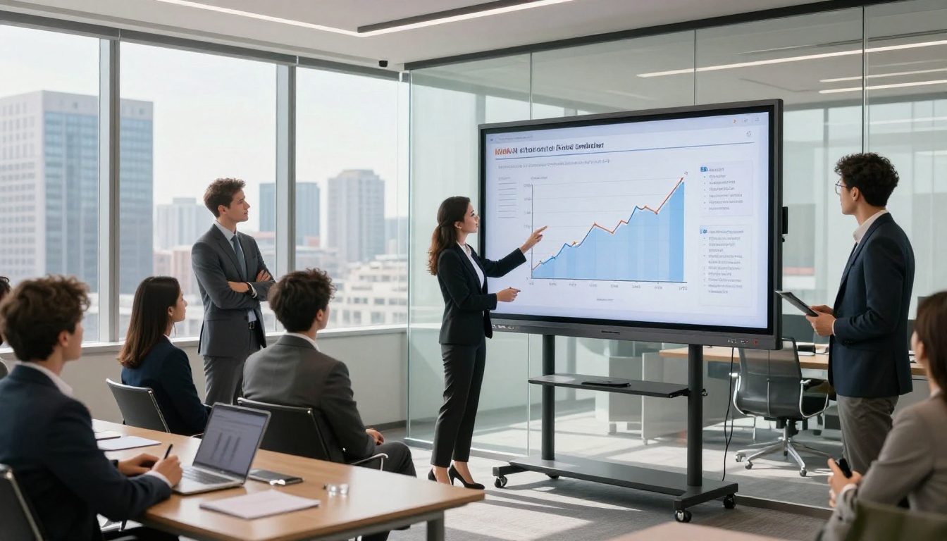 Female executive presenting a sales flipbook on a large screen to a boardroom full of executives