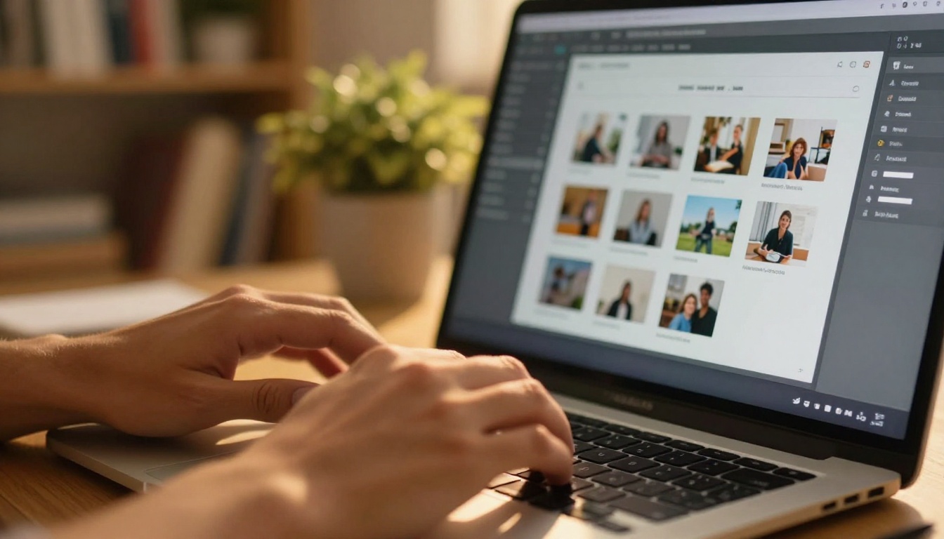 Hands typing on a laptop showing a flipbook creation interface with page thumbnails visible