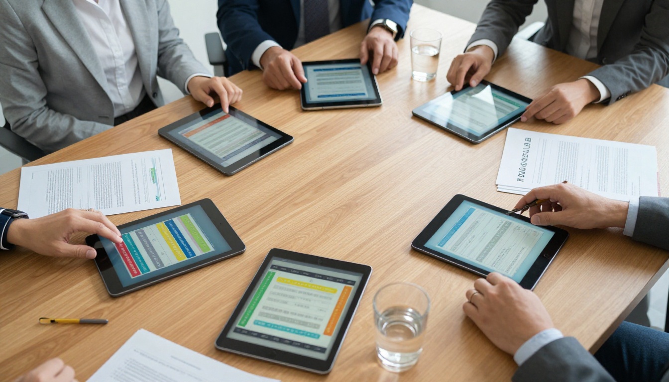 Business professionals reviewing flipbooks on tablets at a conference table, aerial view
